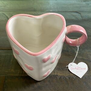 Pink Mug Sunday Morning Hand Painted ceramic pink heart shaped cup.